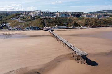 aerial view of the pier cliff lift and seafront at saltburn north yorkshire uk