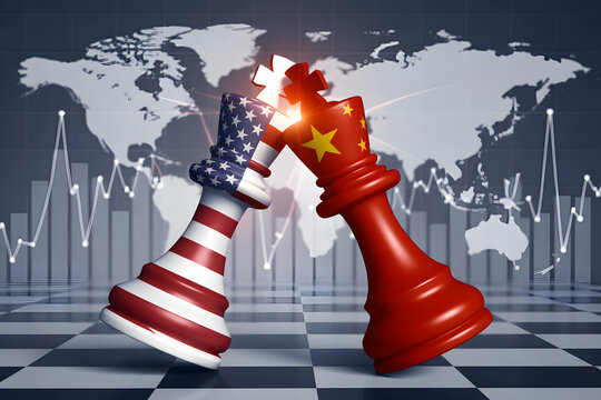Usa versus china trade war concept with chess pieces representing the countries on a chessboard with a world map and financial charts in the background symbolizing economic competition