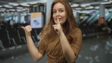 Woman with thumb pointing to side and finger to lips for silence in airport terminal lounge; anticipation.