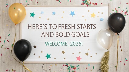 Celebrate fresh starts and bold goals welcoming 2025 with festive balloons confetti and sparkling stars creating an optimistic and vibrant atmosphere for new beginnings
