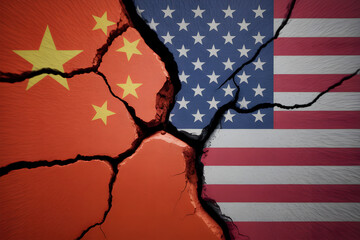 China and united states flags split by a crack symbolizing trade war geopolitical tension economic conflict international relations and political disagreement between the two countries
