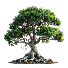 Isolated mature tree with gnarled roots and a full green canopy