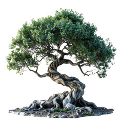 Tree Twisted trunk, lush green leaves, sturdy roots, isolated object