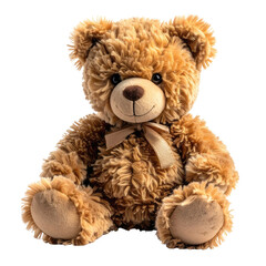 Obraz premium Plush brown teddy bear with bow tie sitting isolated on black