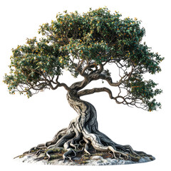 Twisted trunk tree with lush green leaves, and extensive roots