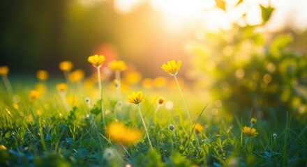 A closeup view of yellow wildflowers in a lush green meadow bathed in the warm, golden sunlight of a beautiful sunset