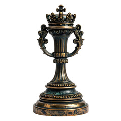 Ornate, antiqued chess piece featuring a crown on pedestal