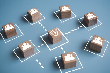 Wooden blocks representing a network of people connected by dotted lines with one block symbolizing health protection and insurance on a blue background showcasing teamwork and security