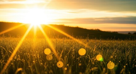 A dramatic sunset with bright, starburst sun rays illuminating a field of tall grass, creating a warm, golden glow and a sense of hope and new beginnings
