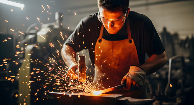 Skilled blacksmith expertly forges hot metal on an anvil, creating a stunning shower of vibrant sparks in a traditional industrial workshop with intense focus - Powered by Adobe
