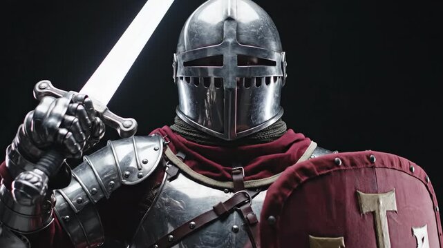 Medieval knight in full plate armor holding a sword and shield, symbolizing historical warfare and chivalry defense.