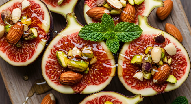 Indulge in these vibrant fresh figs generously drizzled with golden honey and topped with crunchy almonds, pistachios, and refreshing mint, creating a truly gourmet healthy treat.