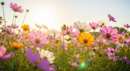 A field of colorful cosmos flowers bathed in the warm glow of the setting sun, creating a beautiful and serene natural landscape