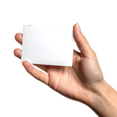 Obraz premium Woman's manicured hand holding blank white card isolated on black