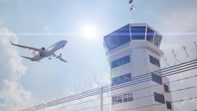 Air Traffic Control Tower at Airport As Airplane Flies Above. This is a 3D Rendering.