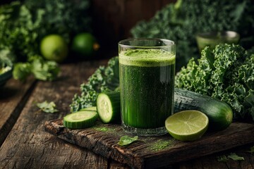 A refreshing and vibrant green smoothie made with fresh kale, cucumber, and lime, presented on a rustic wooden board with kale background, promoting health and wellness.