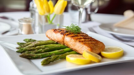 Grilled salmon fillet serving with fresh green asparagus and lemon wedges on a white plate