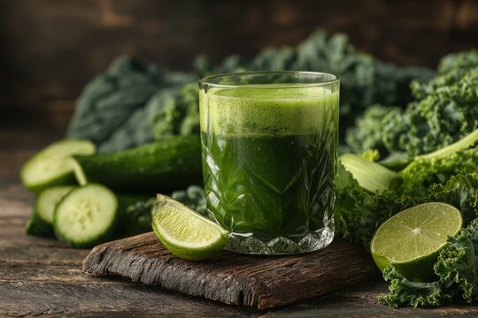 A glass of healthy green smoothie with fresh vegetables and lime on a wooden board, showcasing a vibrant and nutritious drink for a healthy lifestyle and wellness diet.