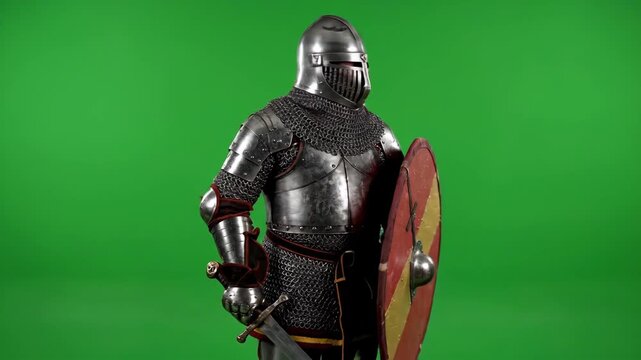 Knight with armor, shield, and sword on green screen. Medieval warrior with chainmail suit standing in different angles