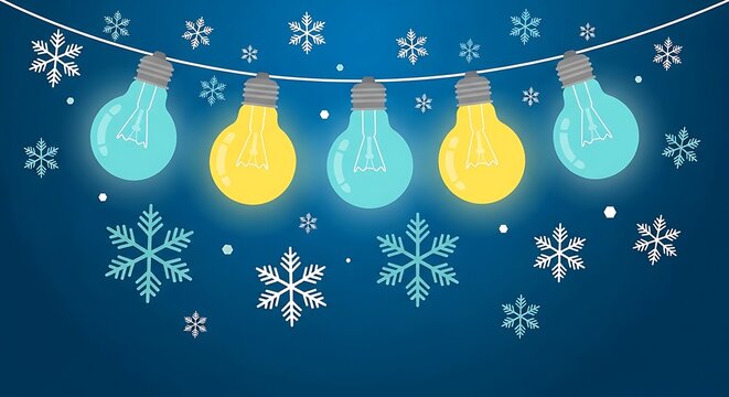 Festive string of lights with snowflakes on blue background - Powered by Adobe