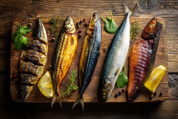 Assortment of prepared mackerel fish, presented on a rustic wooden board with lemon wedges, fresh herbs, and spices, viewed from an overhead perspective.