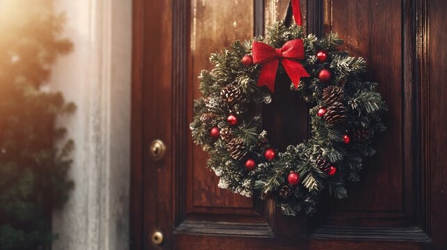 Christmas wreath decorated with red bow hanging on wooden door -