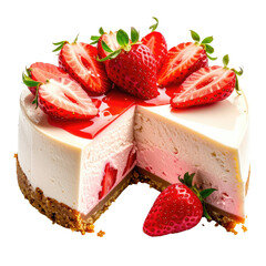 Delicious strawberry cheesecake with a slice cut, on black background