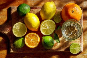 An artful arrangement of lemons, limes, and an orange, alongside a refreshing glass of water on an aged wooden board, bathed in soft, natural sunlight.