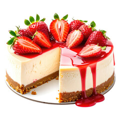 Cheesecake Strawberry cheesecake with a slice missing on white background