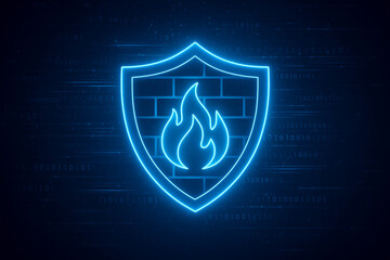 Fototapeta premium Business-themed cybersecurity background with a glowing neon firewall icon on a dark blue backdrop. Modern high-tech design perfect for IT security, data protection, and corporate technology visuals. 