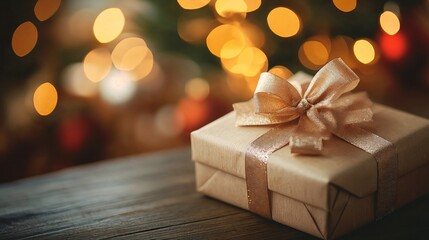 Christmas gift wrapped in brown paper with a golden bow on table  