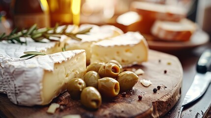 Stunning still life of brie cheese and green olives on kitchen board with rosemary and cheese knife