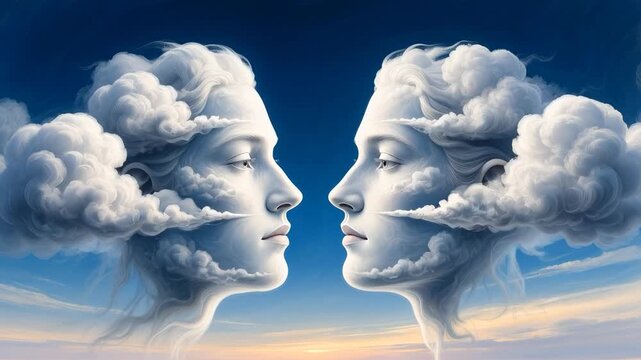 Two ethereal faces form in fluffy clouds against a tranquil evening sky.