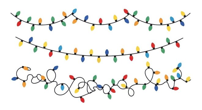 Three strings of colorful christmas lights, two in straight lines and one forming the word google, isolated on a white background