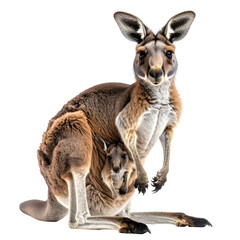 Kangaroo with joey in pouch, isolated on black background
