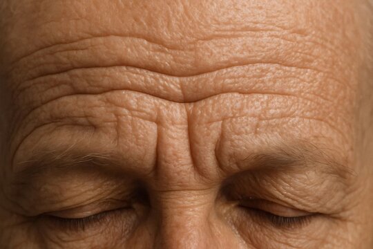 Close up of wrinkled forehead of senior man with closed eyes, aging skin texture.