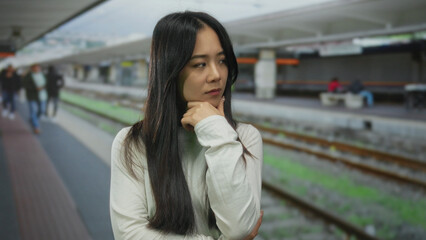 Chinese woman in white shirt at busy train station outdoors, contemplating, with blurred background of railway platform and waiting passengers.