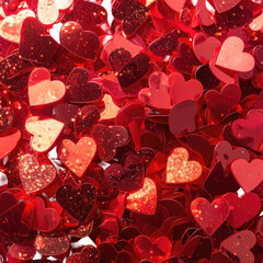 Red heart-shaped confetti background, shiny, festive