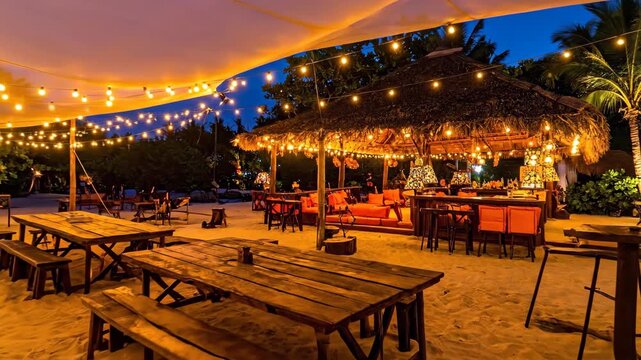 Beachside dining area with string lights and thatched roof shelter