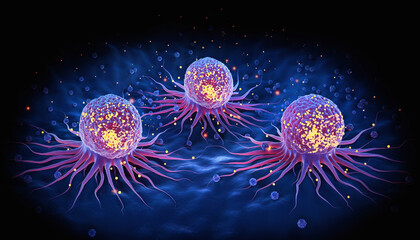 Dynamic 3D illustration depicting active irregular cells, showcasing abnormal cellular division and potential pathological biological processes at a magnified microscopic level