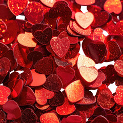 Shimmering pile of small red heart shaped decorative confetti pieces