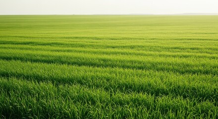Vast, green field of young wheat or grass under a bright, clear sky, stretching to the horizon with gentle rows visible