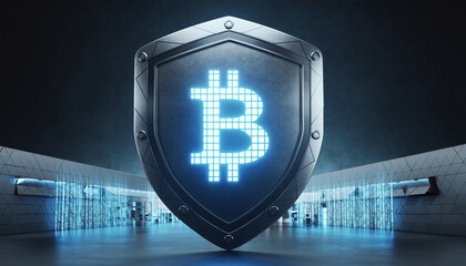 Digital Currency Security Bitcoin Shield Emblem with Neon Glow in Futuristic Tunnel