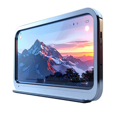 Screen displays mountain sunset scene in sleek silver frame