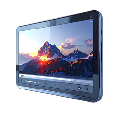 Screen shows snowy mountains, sunset sky, media player interface