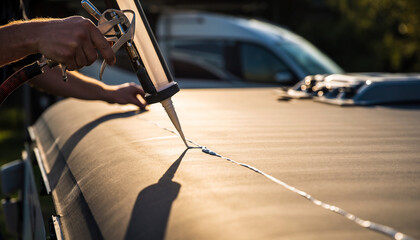 Professional applying silicone sealant with a caulk gun to seal a seam on a vehicle's exterior, ensuring waterproof protection and durable maintenance