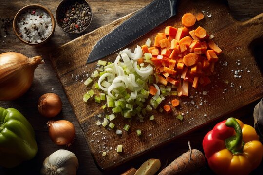 Overhead view of freshly cut vegetables on a wooden cutting board, showcasing the vibrant colors and textures of the ingredients, ready for cooking a delicious meal.