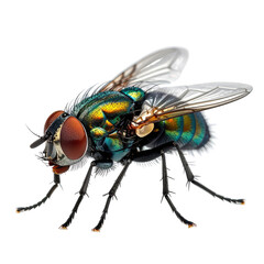 Iridescent fly with detailed wings and legs on a black background
