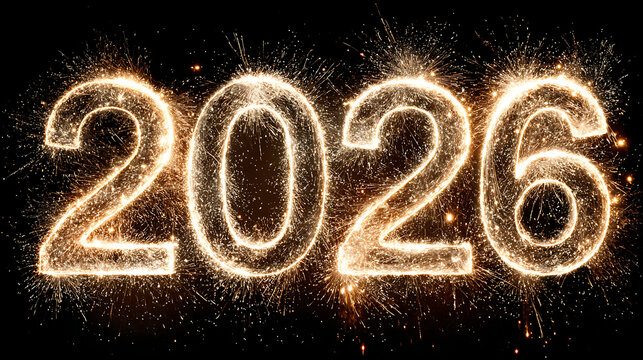 Artistic Happy New Year Eve 2026 typography designed with luminous light trails, golden dust particles, and subtle smoke effects for a dreamy celebration look, isolated on white background