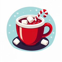 Hot chocolate in red mug with marshmallows and candy cane  